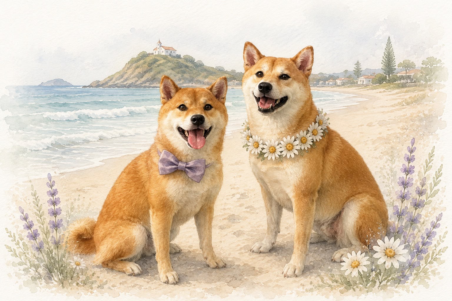 Os shibas do casal na praia, prontos pra festa